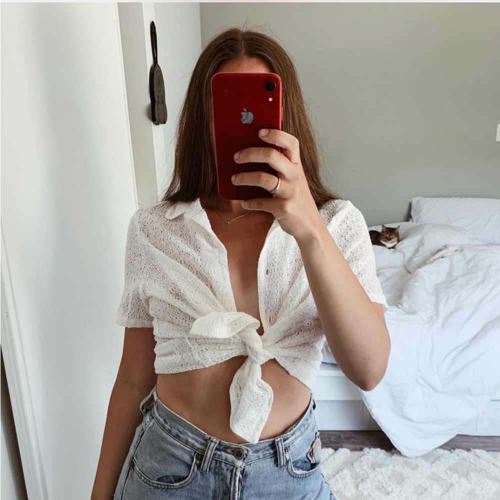 Vintage Cream Tie Front Lace Crop Polo